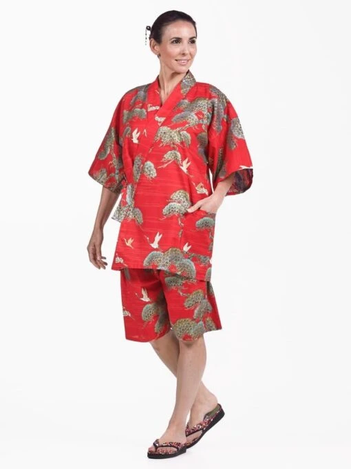Jinbei Japanese Woman Red Crane & Pine