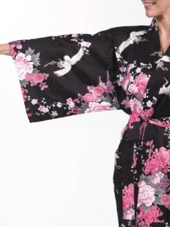 Happi Kimono Women - Black Crane & Flowers -Shibui Store kimono happi femme noir grue fleurs taille unique 149