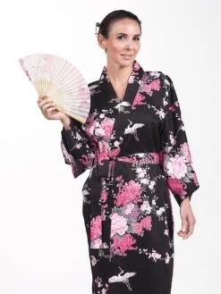 Happi Kimono Women - Black Crane & Flowers -Shibui Store kimono happi femme noir grue fleurs taille unique 231