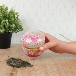 Pink Flowered Metal Tea Caddy -Shibui Store pink flowered metal tea caddy 560