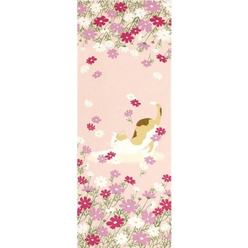Japanese Tenugui - Cat & Flowers
